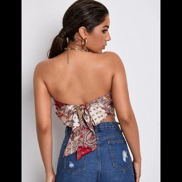 SHEIN Paisley Print Bandana Tube Top SMALL 4 SATIN SCARF RED STRAPLESS FESTIVAL - Picture 4 of 6
